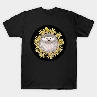 Hedgehog and Daisies (Black Background) T-Shirt